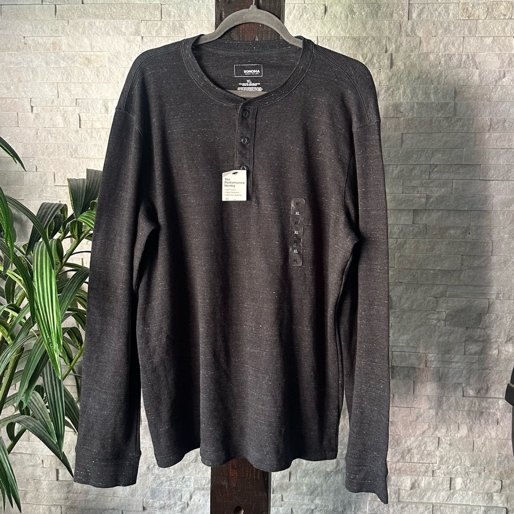 Sonoma Thermal Knit speckled Charcoal Grey Performance Henley Shirt Size XL NWT